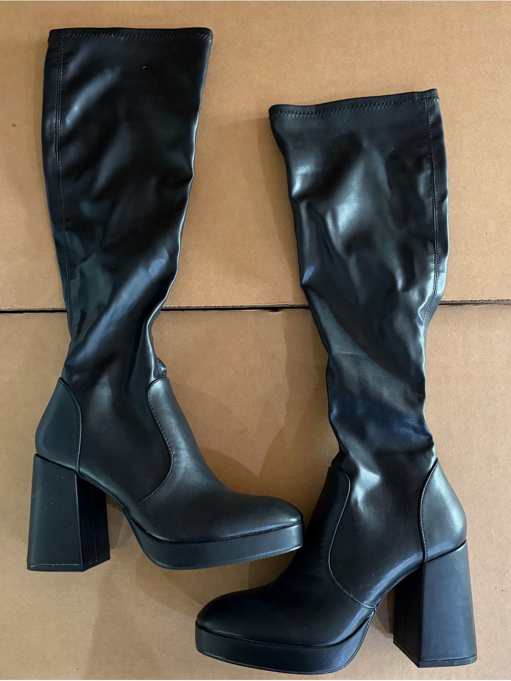 Black Platform Knee-High Block Heel Boots - Women's